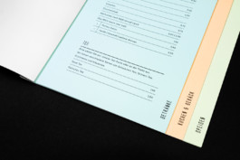 Die drei Register Getränke, Kuchen und Speisen in verschiedenen Farben.