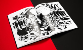 Aufgeschlagene schwarzweiße Doppelseite mit abstrakter Illustration