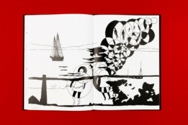 Schwarzweiße Illustration auf rotem Hintergrund